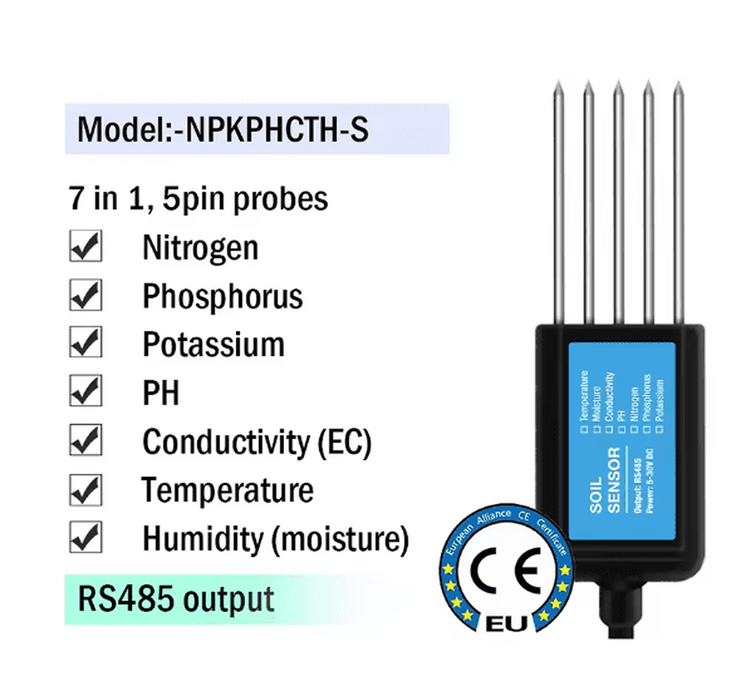 Sonde Capteur 7 en 1 DC4.5-30V 5-Pin RS485 Température Humidité NPK PH EC Model NPKPHCTH-S