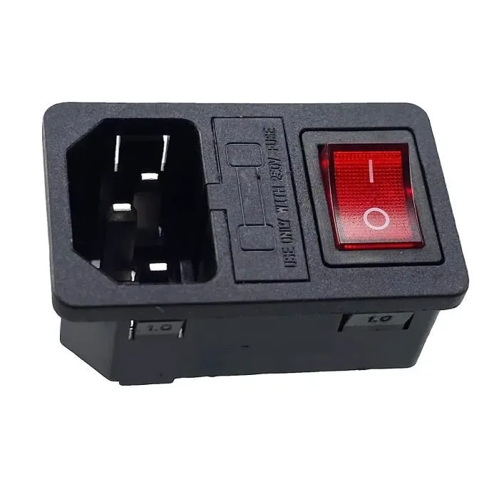 [DCD-01-F74] Connecteur alimentation 2P+T Male + Fusible + Interrupteur pour montage sur panneau